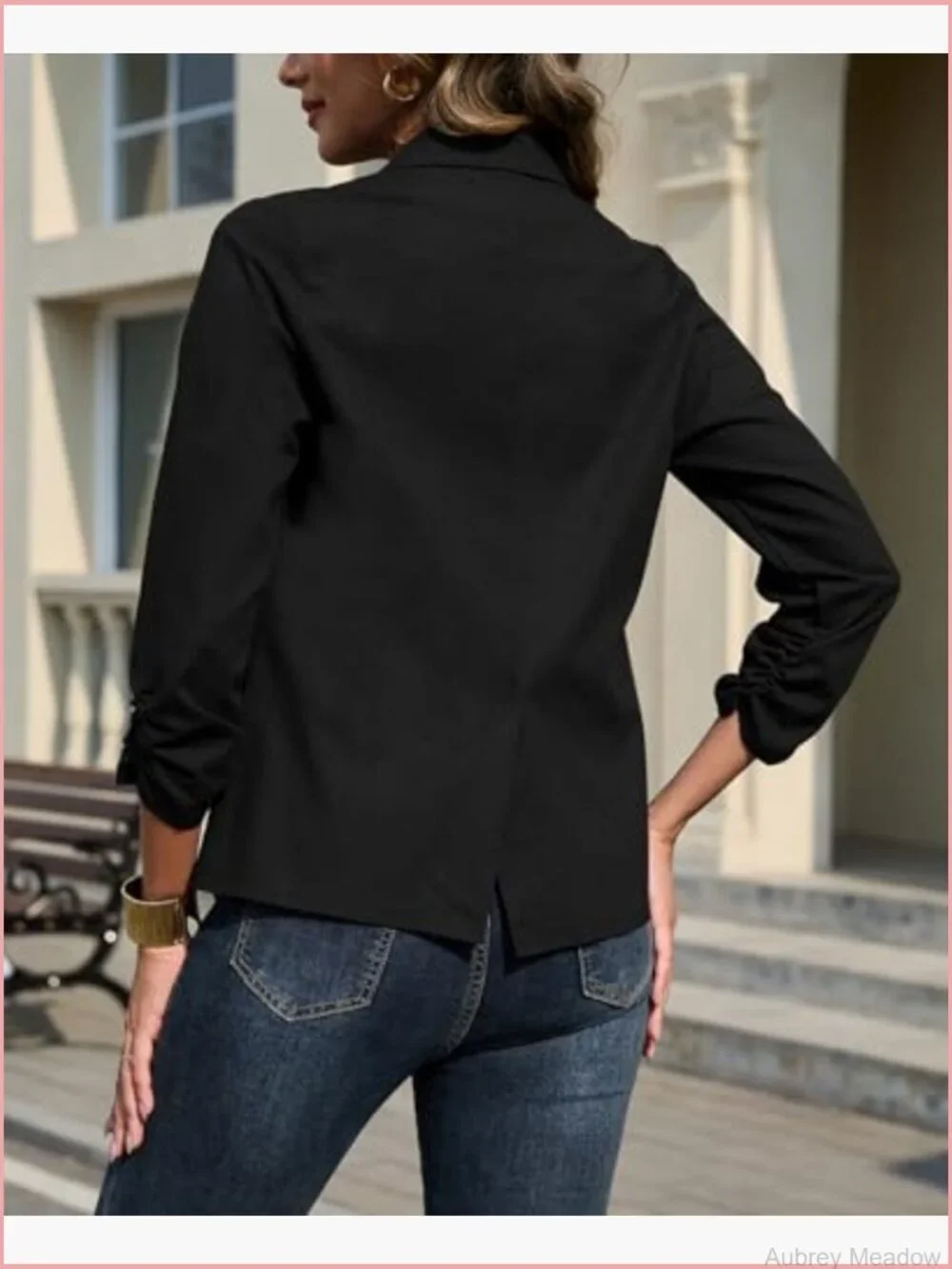 Linen Blazer Jacket Lightweight 3/4 Ruched Sleeve Button Work Office